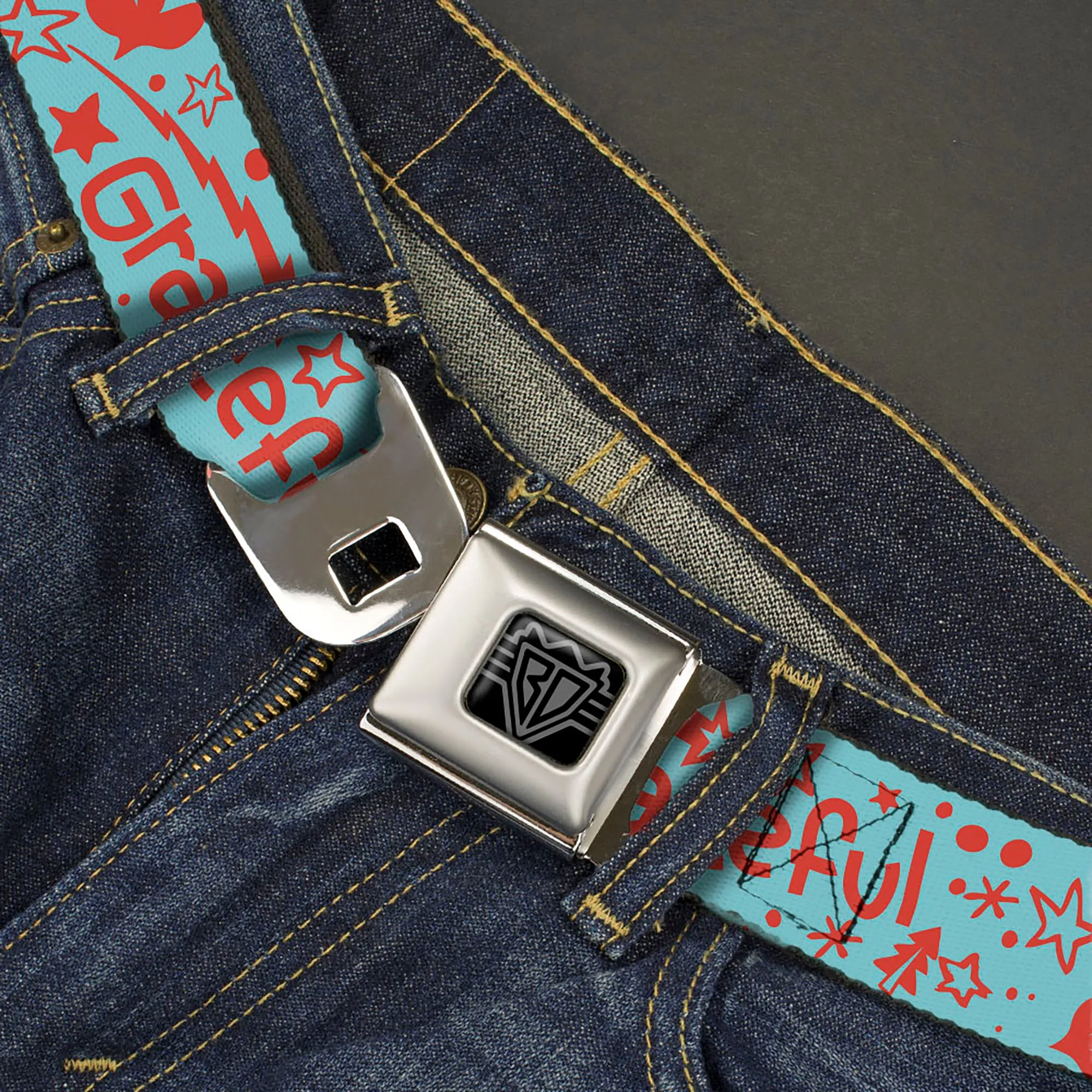 BD Wings Logo CLOSE-UP Black/Silver Seatbelt Belt - GRATEFUL OPTIMISM BE KIND Icons Collage Blue/Red Webbing