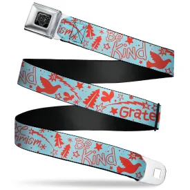 BD Wings Logo CLOSE-UP Black/Silver Seatbelt Belt - GRATEFUL OPTIMISM BE KIND Icons Collage Blue/Red Webbing