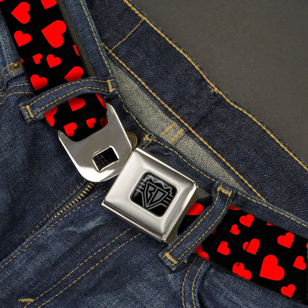 BD Wings Logo CLOSE-UP Black/Silver Seatbelt Belt - Hearts Scattered Black/Red Webbing