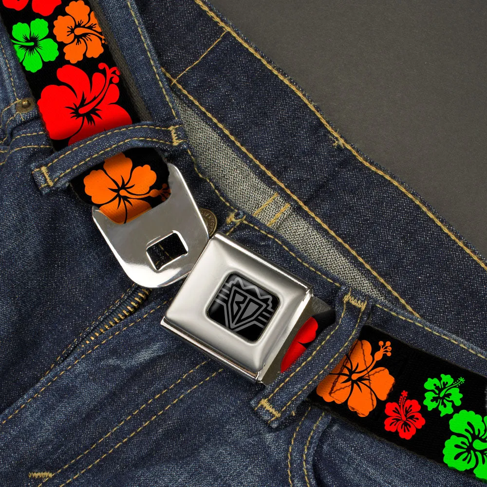 BD Wings Logo CLOSE-UP Black/Silver Seatbelt Belt - Hibiscus Flowers Black/Green/Red/Orange Webbing