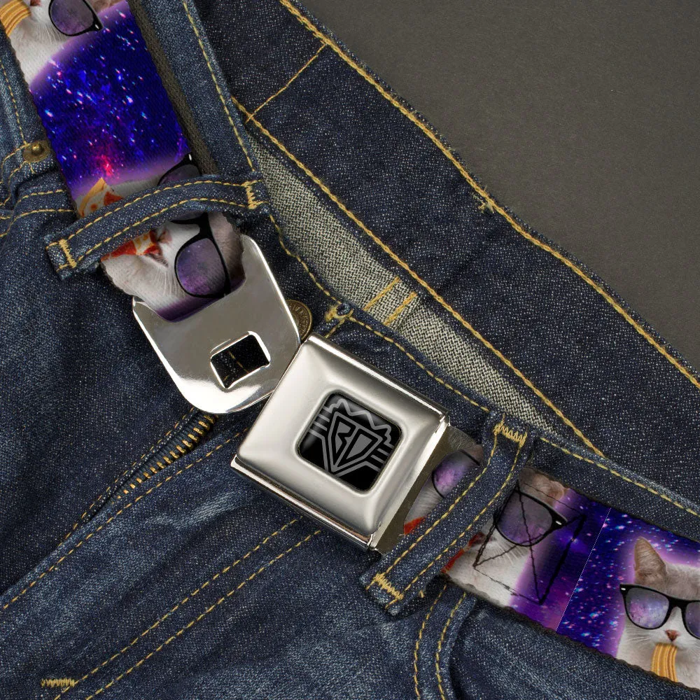 BD Wings Logo CLOSE-UP Black/Silver Seatbelt Belt - Hungry Cat in Space Purples Webbing