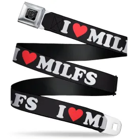 BD Wings Logo CLOSE-UP Black/Silver Seatbelt Belt - I "HEART" MILFS Black/White/Red Webbing