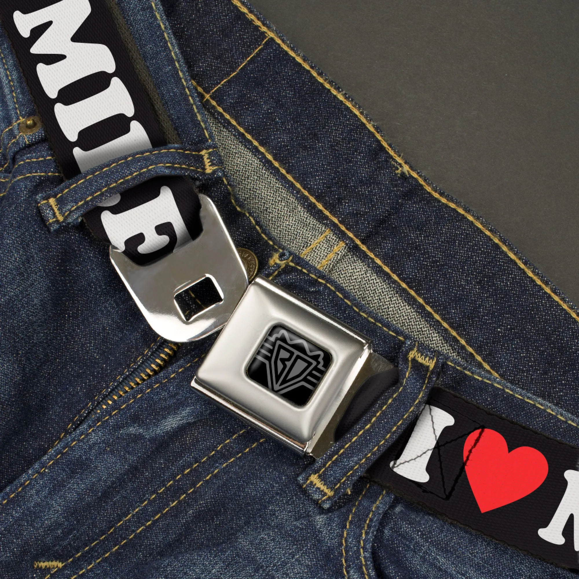 BD Wings Logo CLOSE-UP Black/Silver Seatbelt Belt - I "HEART" MILFS Black/White/Red Webbing