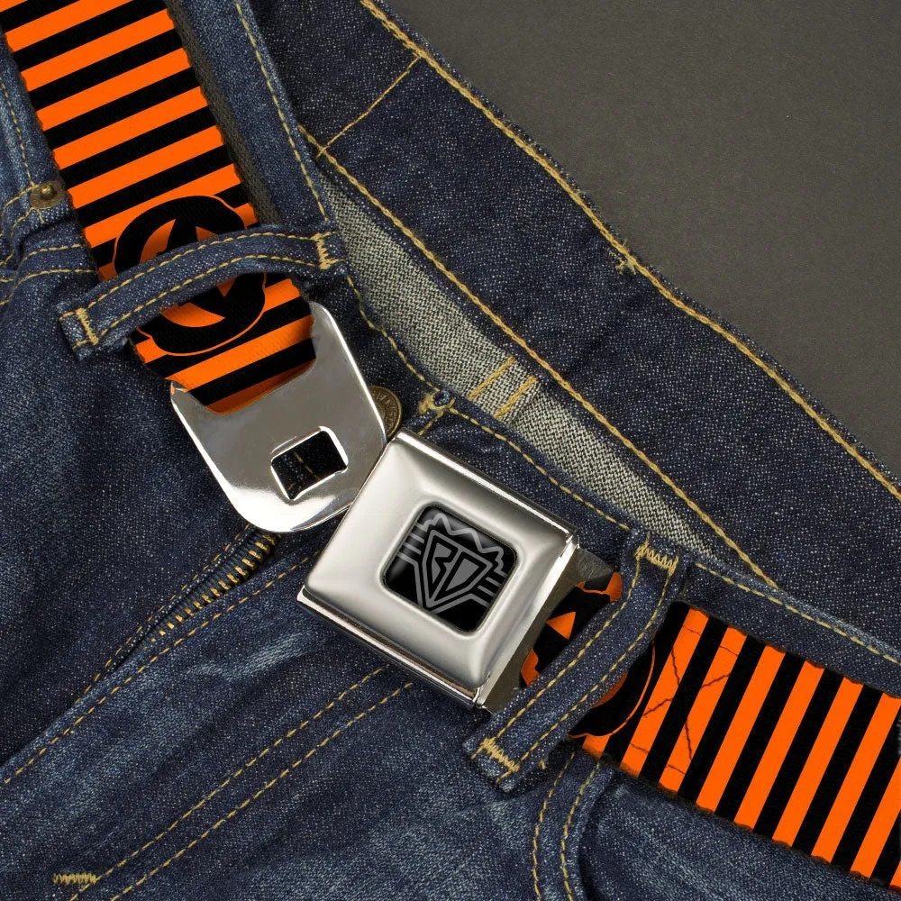 BD Wings Logo CLOSE-UP Black/Silver Seatbelt Belt - Jack-o'-Lantern Pumpkin Stripe Orange/Black Webbing