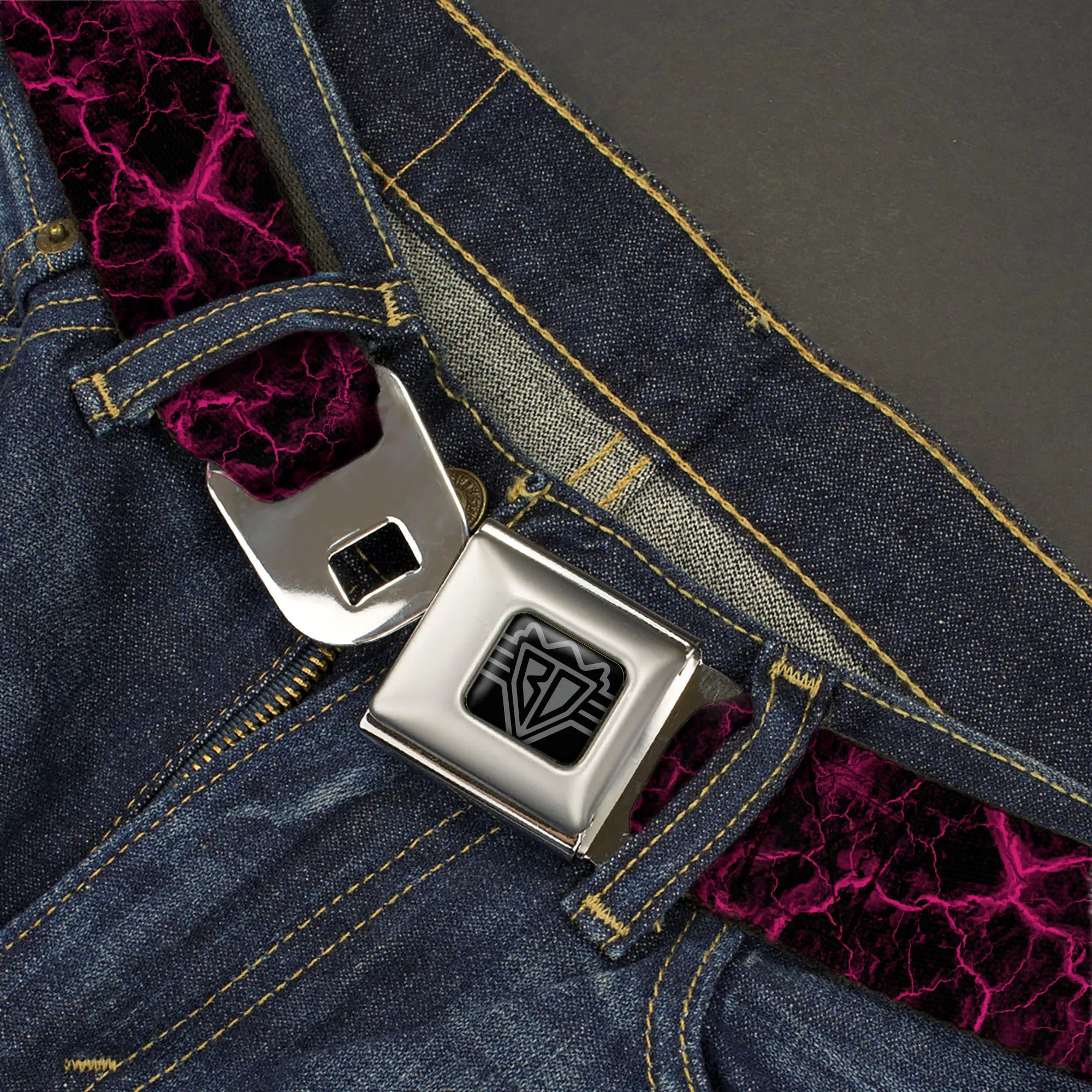 BD Wings Logo CLOSE-UP Black/Silver Seatbelt Belt - Marble Black/Hot Pink Webbing