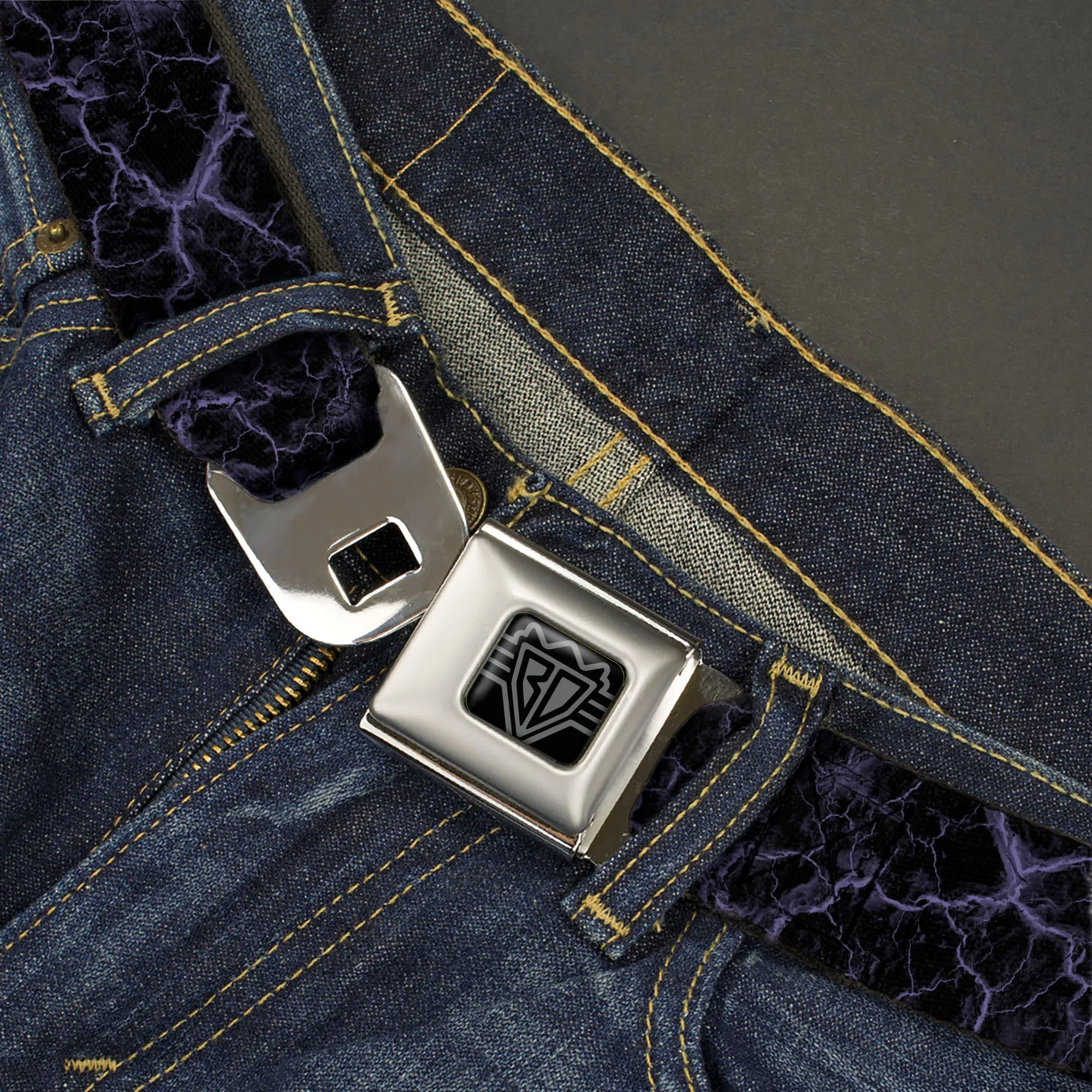 BD Wings Logo CLOSE-UP Black/Silver Seatbelt Belt - Marble Black/Purple Webbing