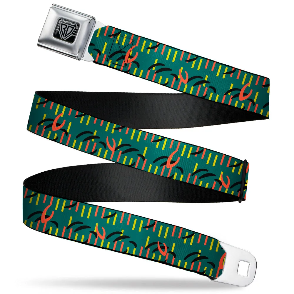 BD Wings Logo CLOSE-UP Black/Silver Seatbelt Belt - MCO Orlando International Airport Carpet Teal/Orange/Yellow/Black Webbing