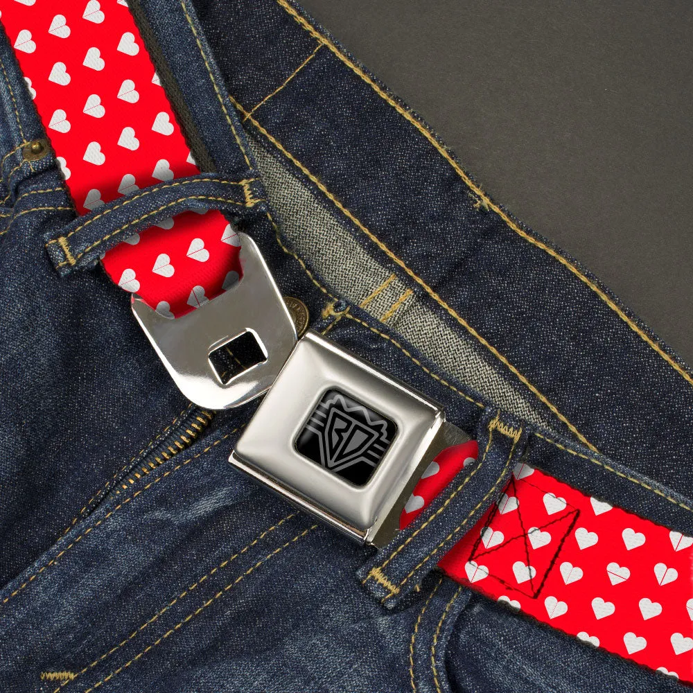 BD Wings Logo CLOSE-UP Black/Silver Seatbelt Belt - Mini Hearts Monogram Red/White Webbing