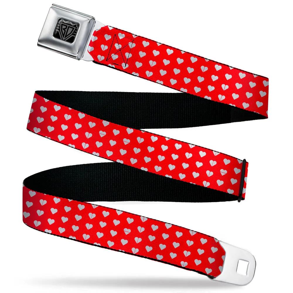 BD Wings Logo CLOSE-UP Black/Silver Seatbelt Belt - Mini Hearts Monogram Red/White Webbing