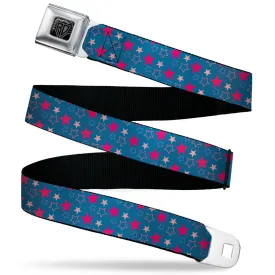 BD Wings Logo CLOSE-UP Black/Silver Seatbelt Belt - Mini Star Assortment Blue/Pinks Webbing