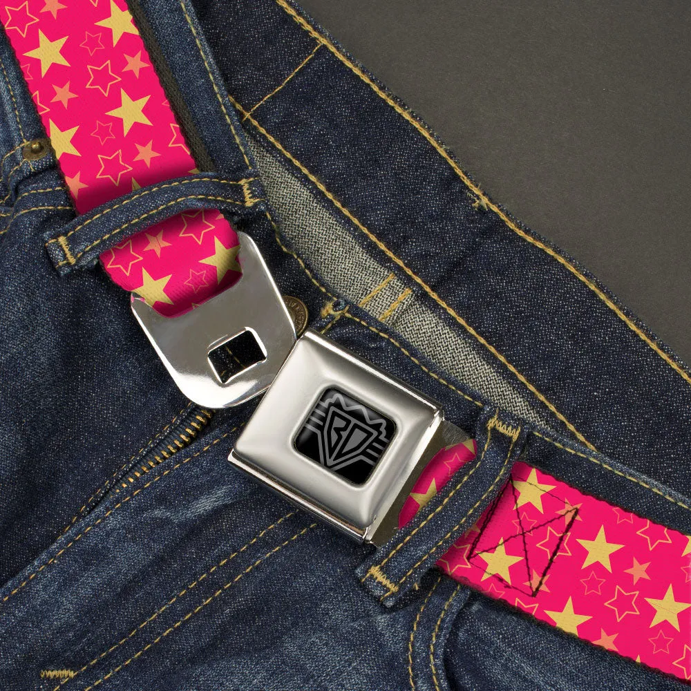 BD Wings Logo CLOSE-UP Black/Silver Seatbelt Belt - Mini Star Assortment Hot Pink/Pinks/Yellow Webbing