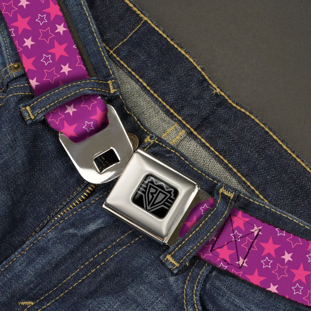 BD Wings Logo CLOSE-UP Black/Silver Seatbelt Belt - Mini Star Assortment Purple/Pinks/White Webbing