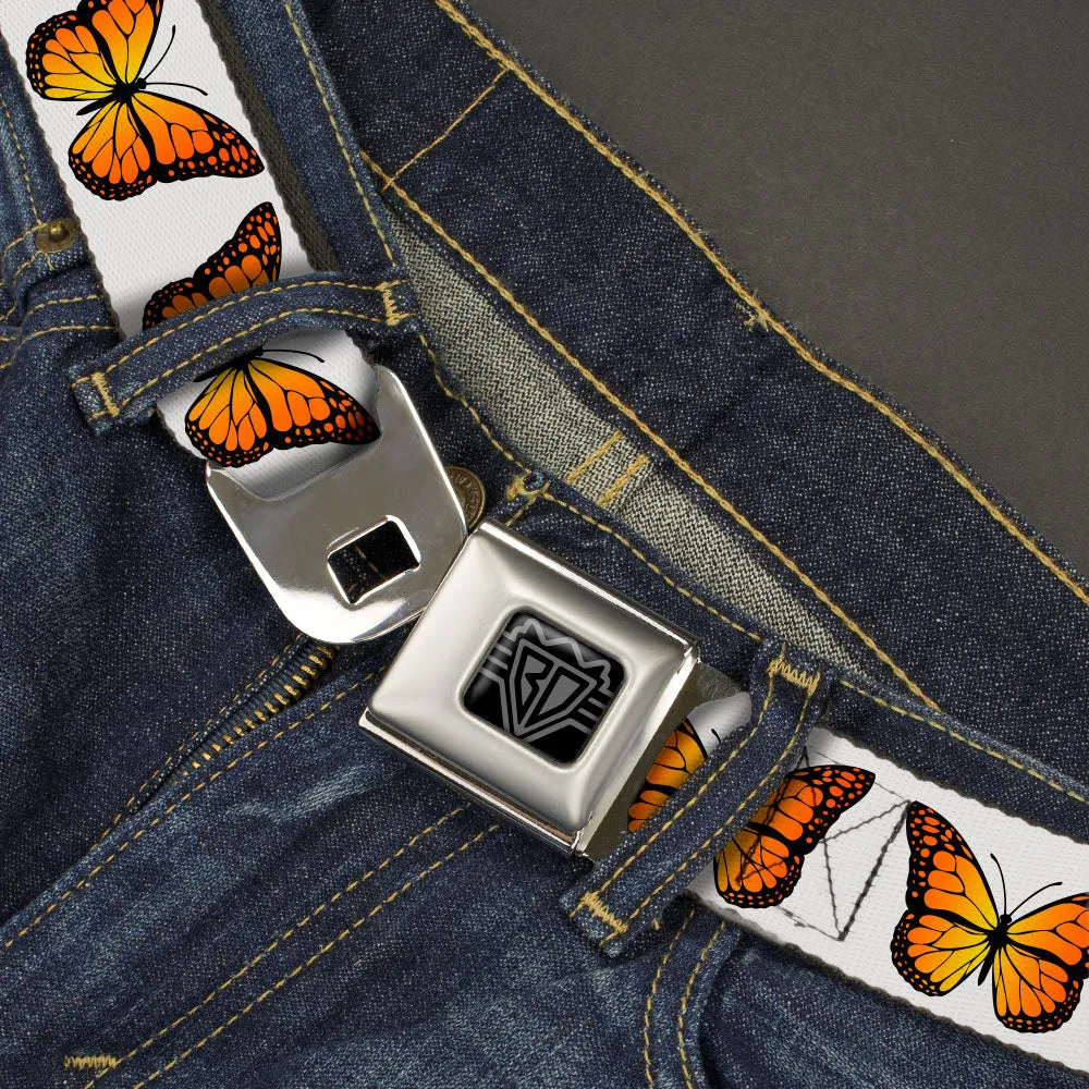 BD Wings Logo CLOSE-UP Black/Silver Seatbelt Belt - Monarch Butterfly Repeat White Webbing