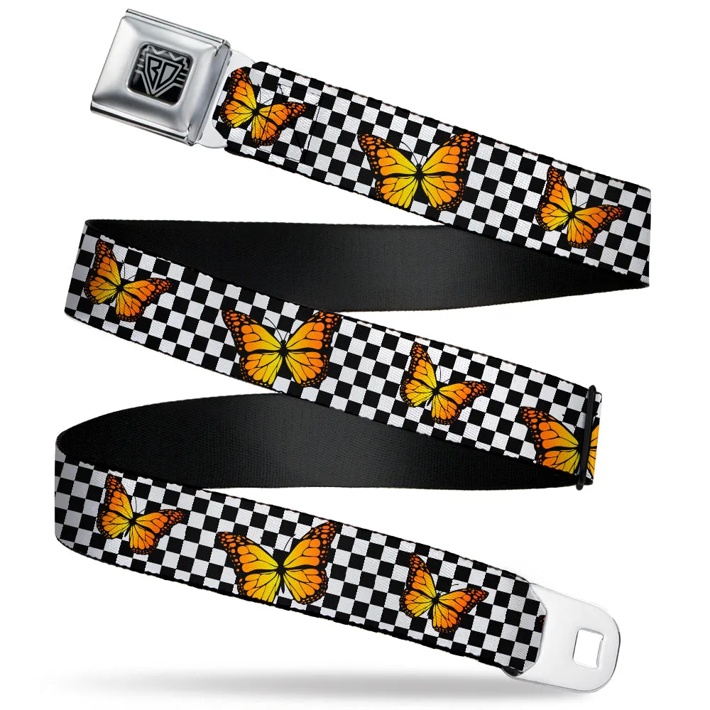 BD Wings Logo CLOSE-UP Black/Silver Seatbelt Belt - Monarch Butterfly Scattered Checker Black/White Webbing