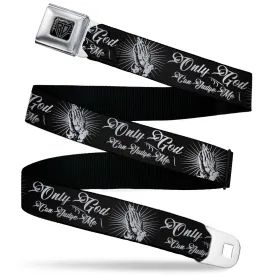 BD Wings Logo CLOSE-UP Black/Silver Seatbelt Belt - ONLY GOD CAN JUDGE ME Script/Praying Hands2 Black/White Webbing