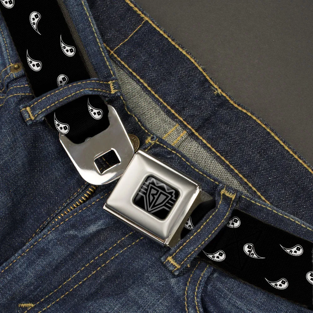 BD Wings Logo CLOSE-UP Black/Silver Seatbelt Belt - Paisley Buta Ornament Black/White Webbing