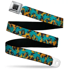 BD Wings Logo CLOSE-UP Black/Silver Seatbelt Belt - Palm Tree Silhouette Leopard Brown/Turquoise Webbing