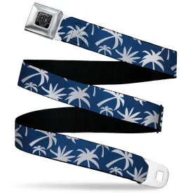 BD Wings Logo CLOSE-UP Black/Silver Seatbelt Belt - Palm Tree Silhouette2 Scattered Navy/White Webbing