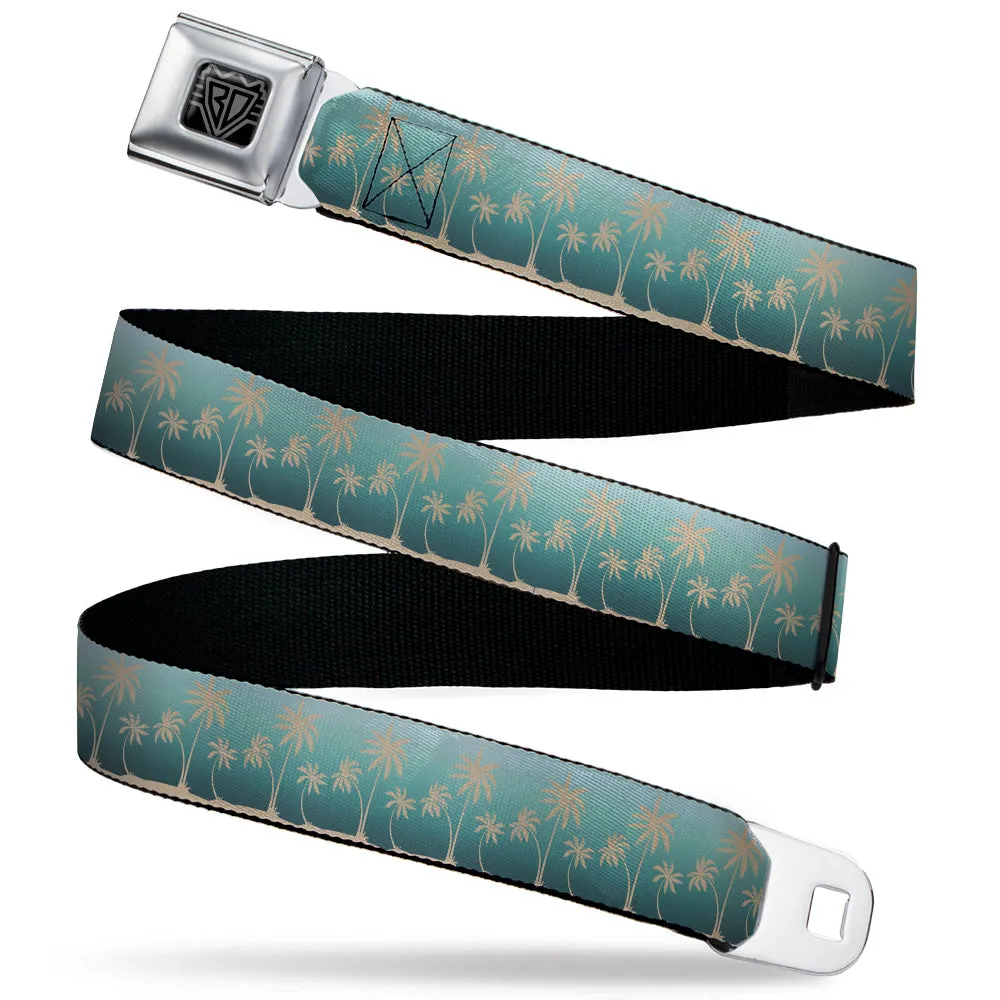 BD Wings Logo CLOSE-UP Black/Silver Seatbelt Belt - Palm Treeline Silhouette Aqua Fade/Tan Webbing