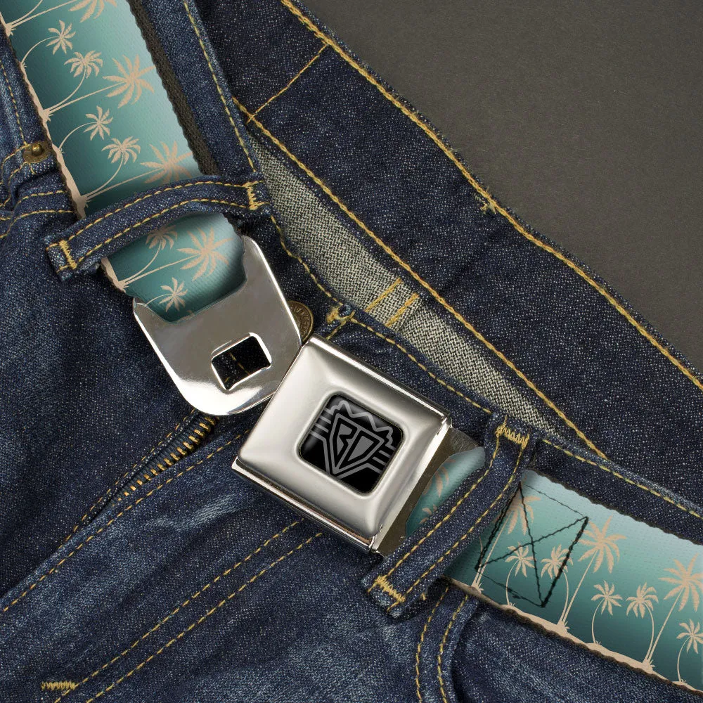 BD Wings Logo CLOSE-UP Black/Silver Seatbelt Belt - Palm Treeline Silhouette Aqua Fade/Tan Webbing