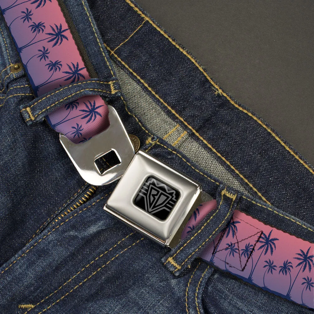 BD Wings Logo CLOSE-UP Black/Silver Seatbelt Belt - Palm Treeline Silhouette Pink Fade/Purple Webbing