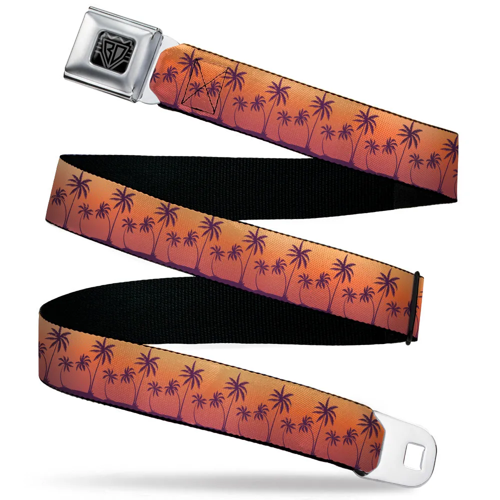 BD Wings Logo CLOSE-UP Black/Silver Seatbelt Belt - Palm Treeline Silhouette Sunset Fade/Purple Webbing