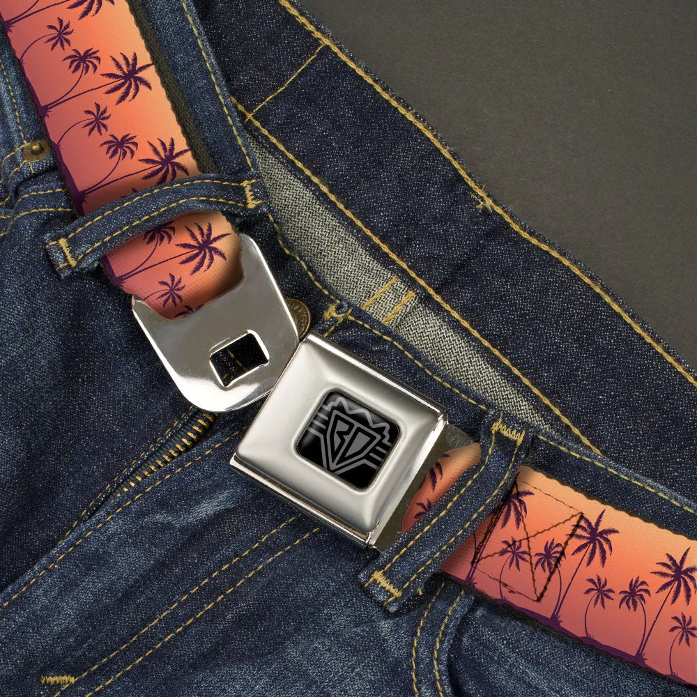 BD Wings Logo CLOSE-UP Black/Silver Seatbelt Belt - Palm Treeline Silhouette Sunset Fade/Purple Webbing