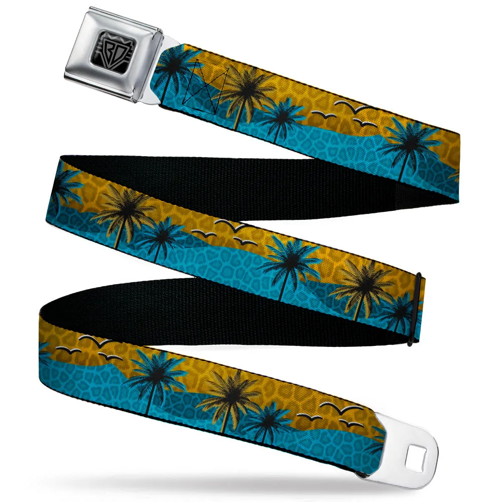 BD Wings Logo CLOSE-UP Black/Silver Seatbelt Belt - Palm Trees & Gulls Leopard Brown/Blue Webbing