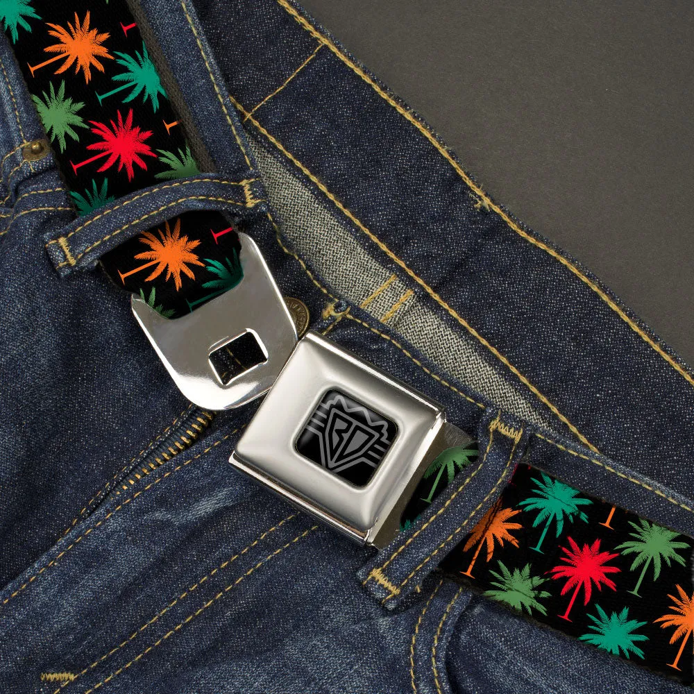 BD Wings Logo CLOSE-UP Black/Silver Seatbelt Belt - Palm Trees Black/Multi Color Webbing