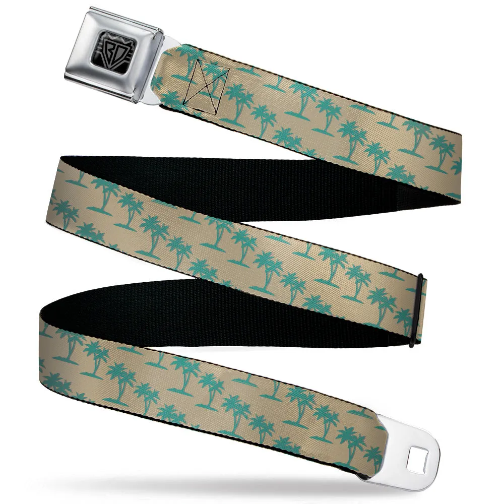 BD Wings Logo CLOSE-UP Black/Silver Seatbelt Belt - Palm Trees Silhouette Monogram Tan/Turquoise Webbing