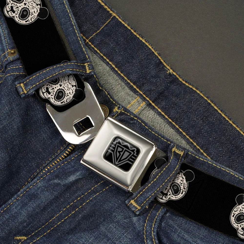 BD Wings Logo CLOSE-UP Black/Silver Seatbelt Belt - Panda Bear Sugar Skull Black/Cream Webbing