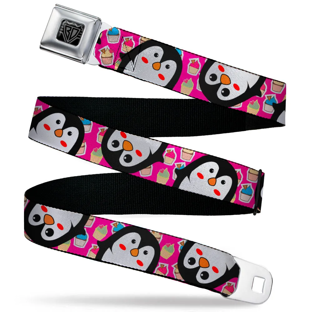 BD Wings Logo CLOSE-UP Black/Silver Seatbelt Belt - Penguins w/Cupcakes Fuchsia/Purple/White Webbing