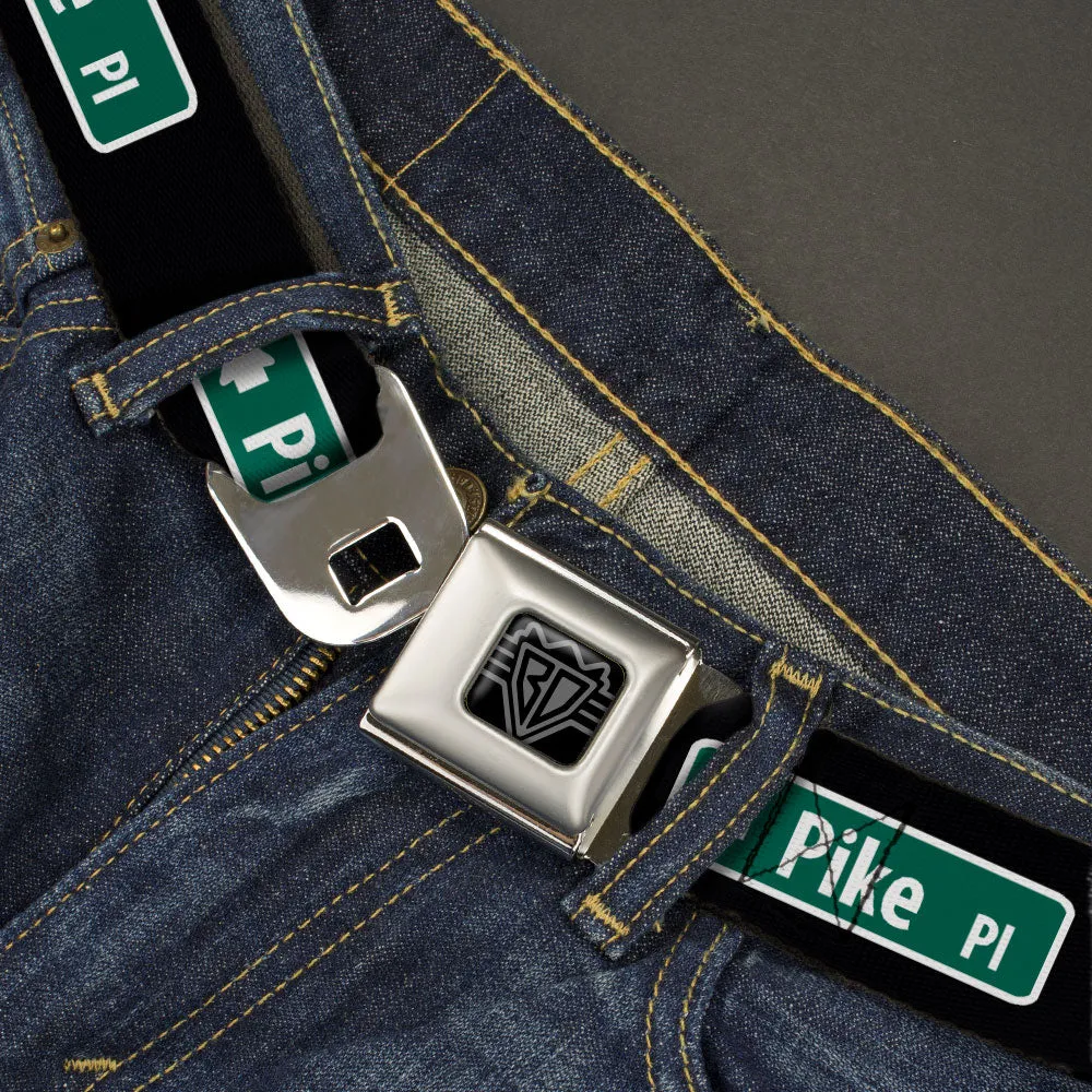 BD Wings Logo CLOSE-UP Black/Silver Seatbelt Belt - PIKE PLACE Direction Sign Black/White/Green Webbing