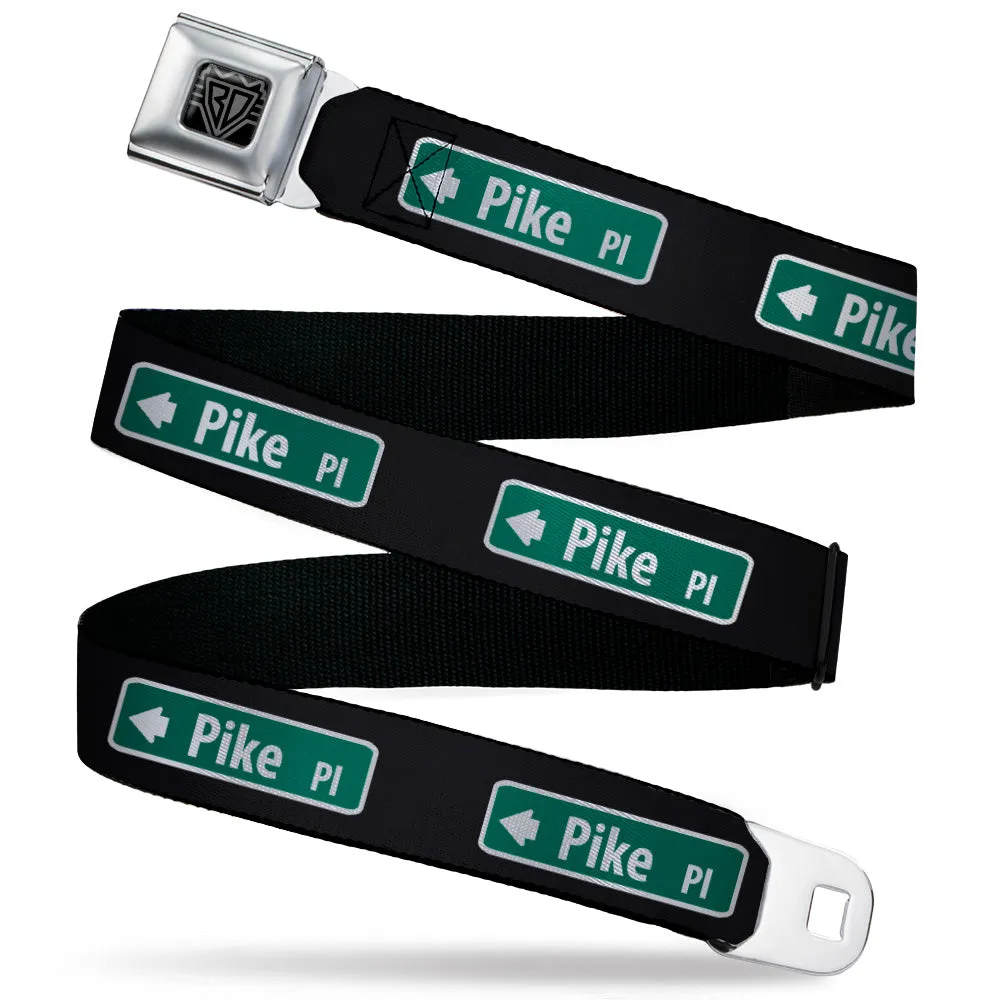 BD Wings Logo CLOSE-UP Black/Silver Seatbelt Belt - PIKE PLACE Direction Sign Black/White/Green Webbing