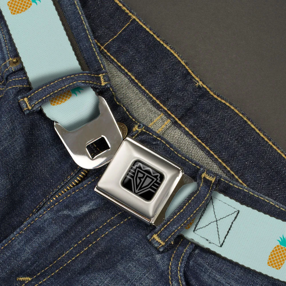 BD Wings Logo CLOSE-UP Black/Silver Seatbelt Belt - Pineapple Repeat Aqua Blue Webbing