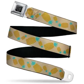 BD Wings Logo CLOSE-UP Black/Silver Seatbelt Belt - Pineapples Rotating Tan Webbing