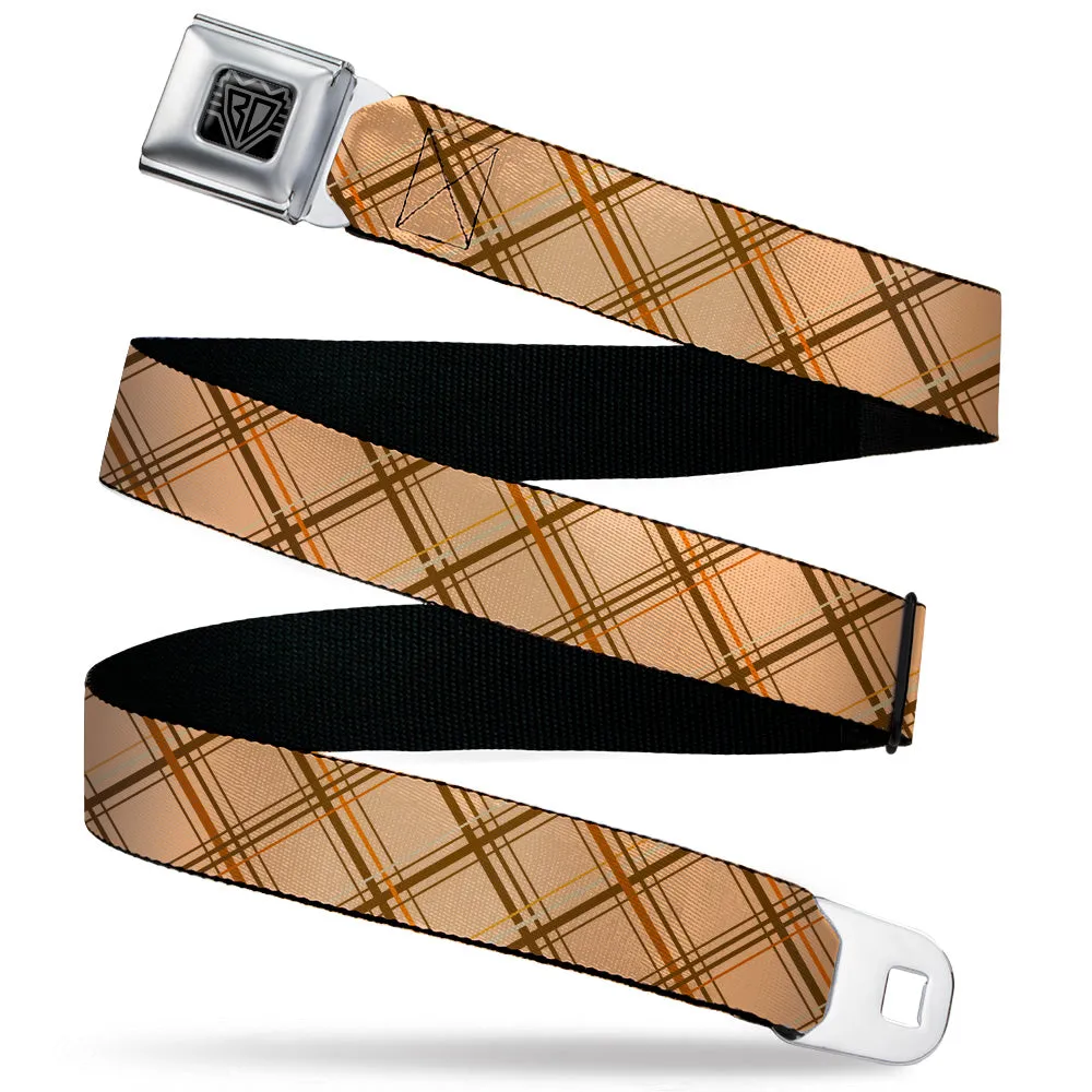 BD Wings Logo CLOSE-UP Black/Silver Seatbelt Belt - Plaid X Tan/Browns Webbing