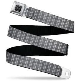 BD Wings Logo CLOSE-UP Black/Silver Seatbelt Belt - Plaid2 Grays/White Webbing