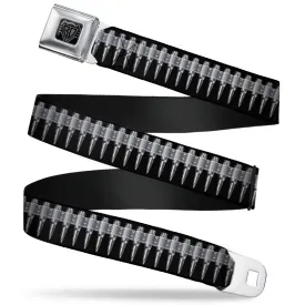 BD Wings Logo CLOSE-UP Black/Silver Seatbelt Belt - Printed Bullets Pattern Black/Gray Webbing