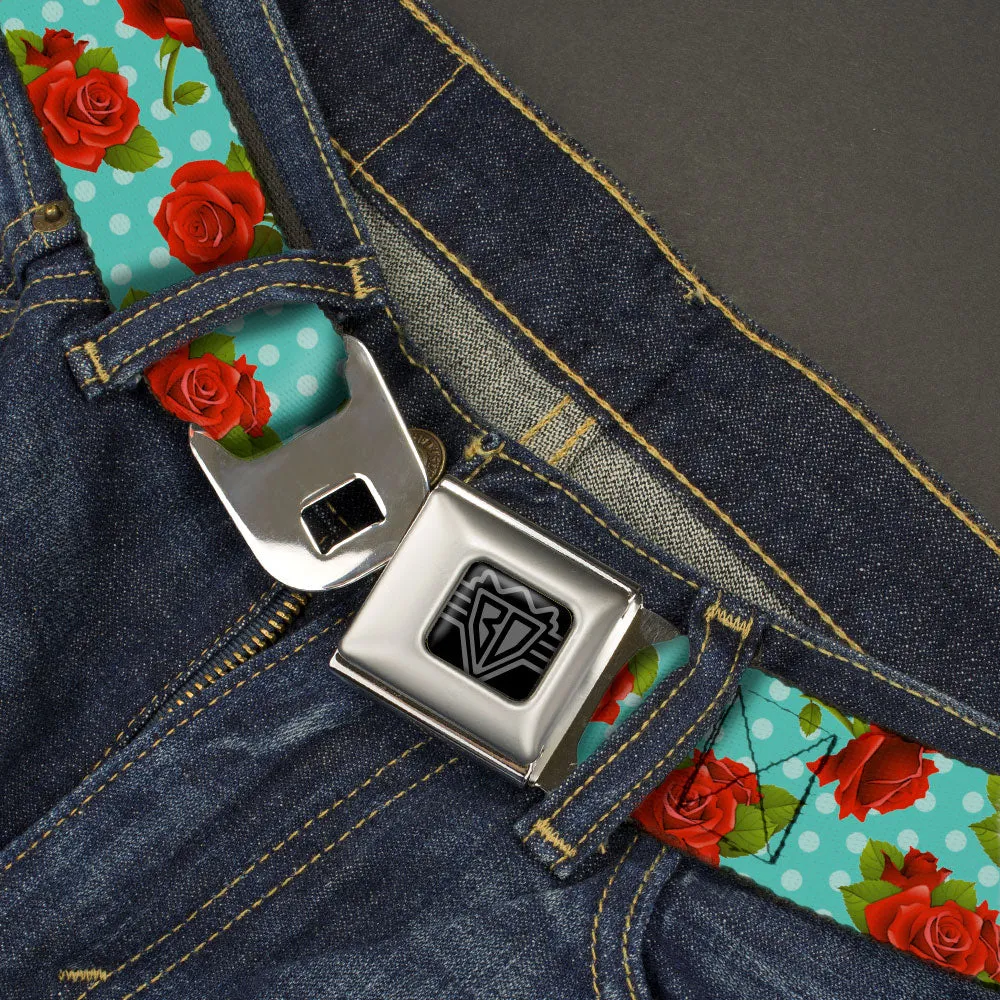 BD Wings Logo CLOSE-UP Black/Silver Seatbelt Belt - Roses & Leaves Scattered/Polka Dot Black/White Webbing