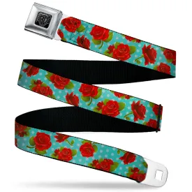 BD Wings Logo CLOSE-UP Black/Silver Seatbelt Belt - Roses & Leaves Scattered/Polka Dot Black/White Webbing