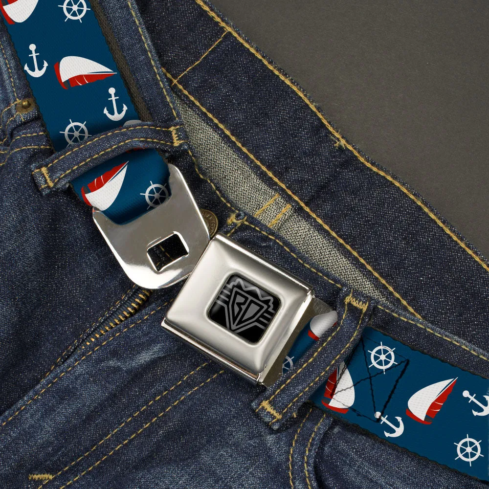 BD Wings Logo CLOSE-UP Black/Silver Seatbelt Belt - Sailboat/Anchor/Helm Scattered Navy/White/Red Webbing