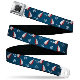 BD Wings Logo CLOSE-UP Black/Silver Seatbelt Belt - Sailboat/Anchor/Helm Scattered Navy/White/Red Webbing