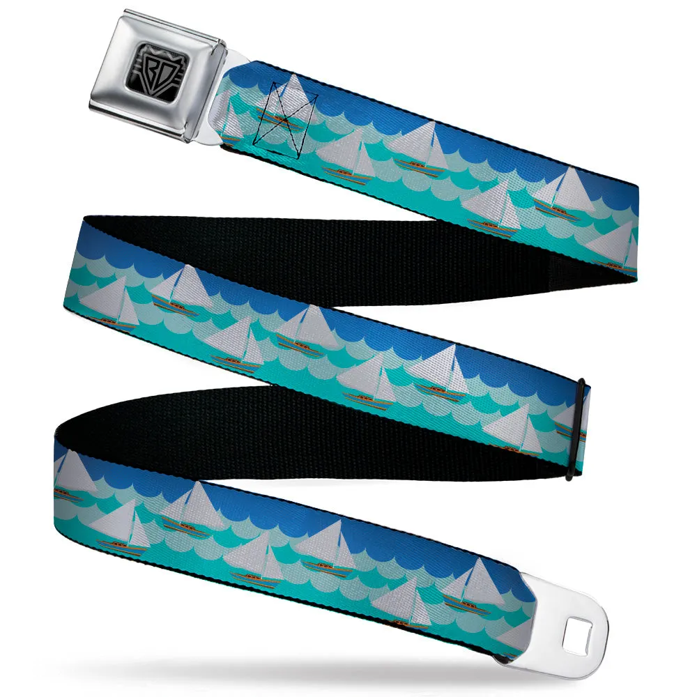 BD Wings Logo CLOSE-UP Black/Silver Seatbelt Belt - Sailboats/Waves Blues Webbing