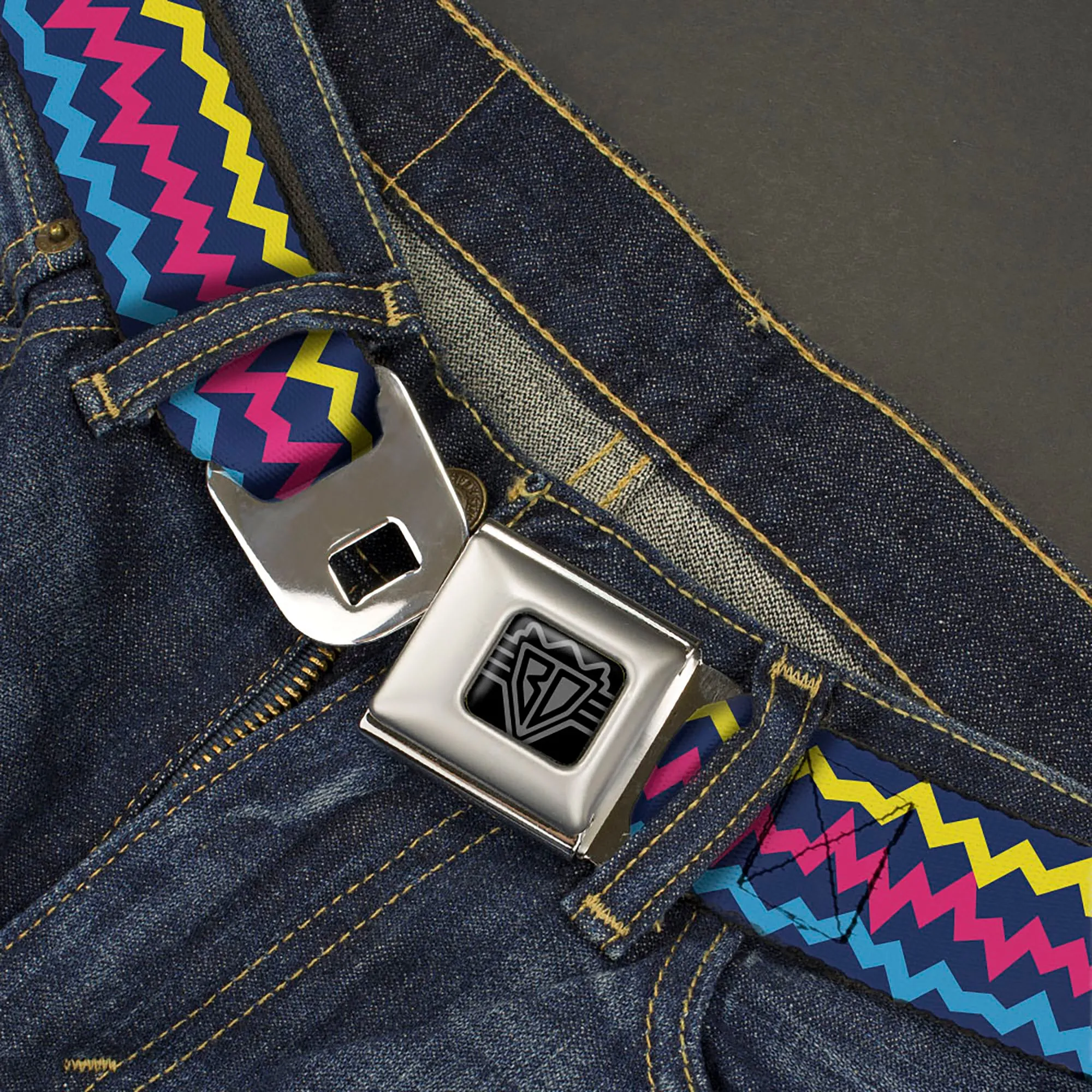 BD Wings Logo CLOSE-UP Black/Silver Seatbelt Belt - Scribble Zig Zag Stripe Navy/Multi Color Webbing