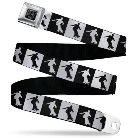 BD Wings Logo CLOSE-UP Black/Silver Seatbelt Belt - Skater Silhouette Blocks Black/White Webbing