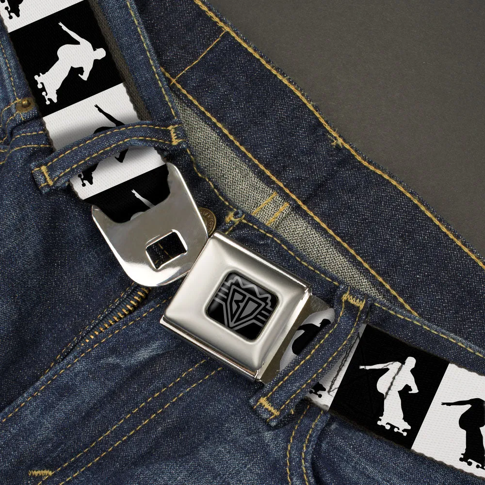 BD Wings Logo CLOSE-UP Black/Silver Seatbelt Belt - Skater Silhouette Blocks Black/White Webbing