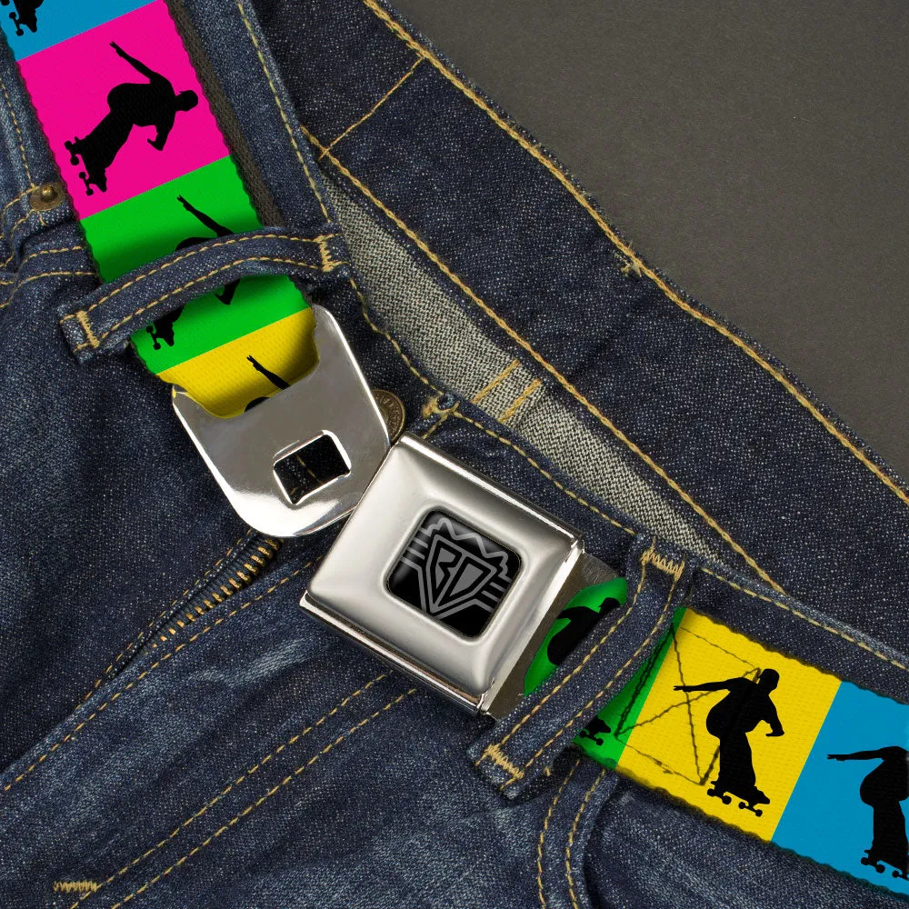 BD Wings Logo CLOSE-UP Black/Silver Seatbelt Belt - Skater Silhouette Blocks Multi Color/Black Webbing