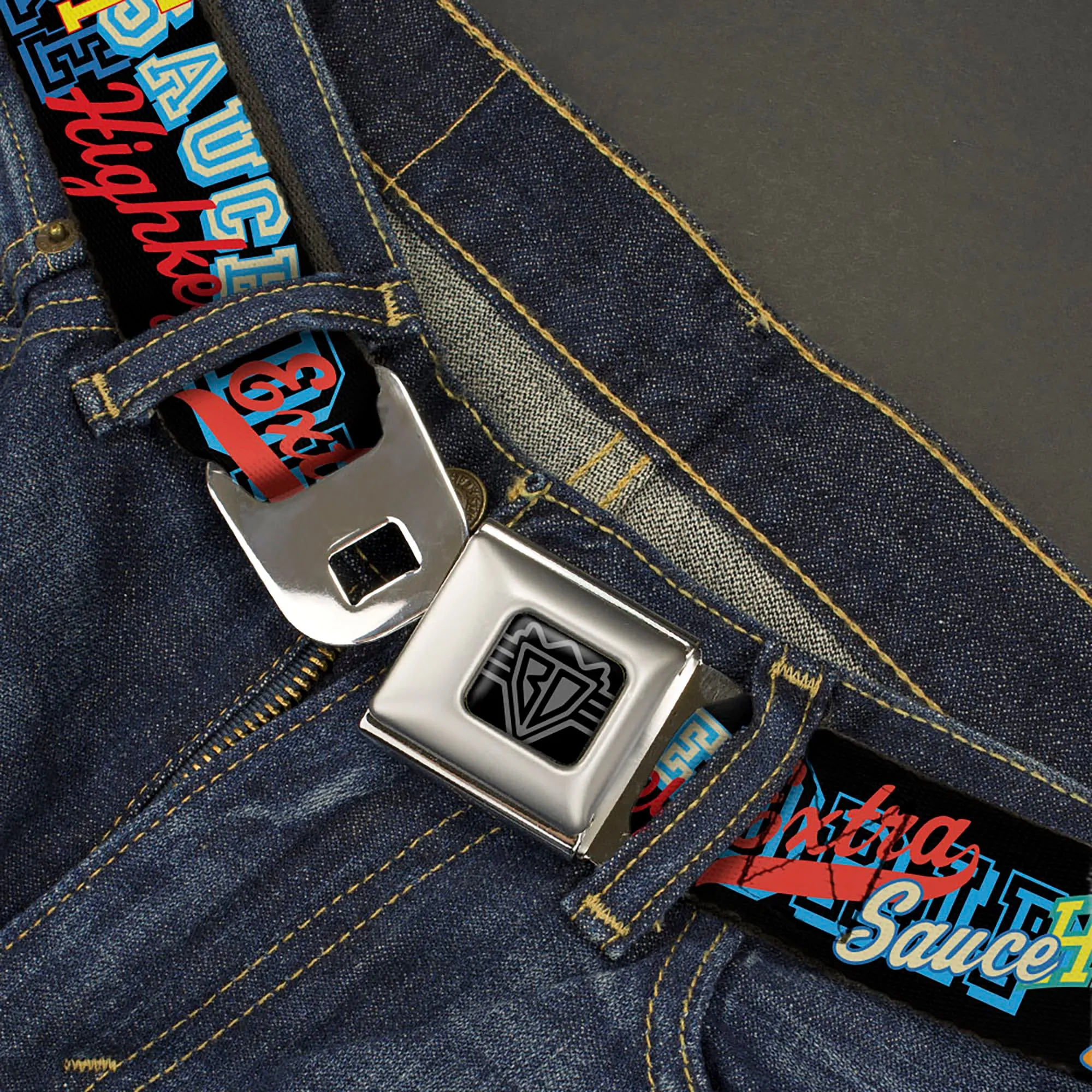 BD Wings Logo CLOSE-UP Black/Silver Seatbelt Belt - Slang Verbiage Stacked Black/Multi Color Webbing