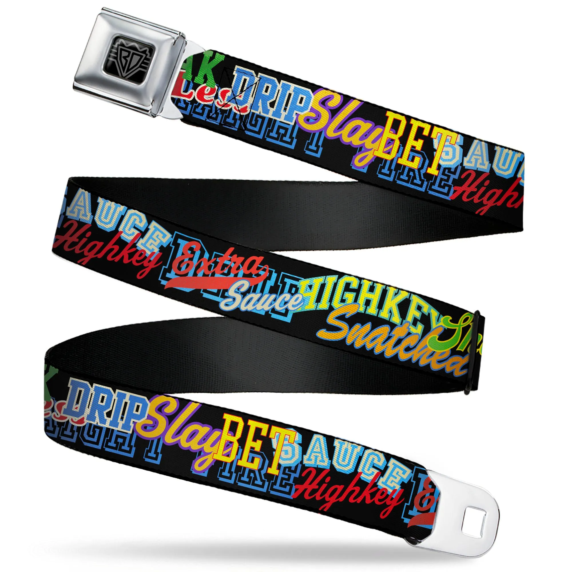 BD Wings Logo CLOSE-UP Black/Silver Seatbelt Belt - Slang Verbiage Stacked Black/Multi Color Webbing